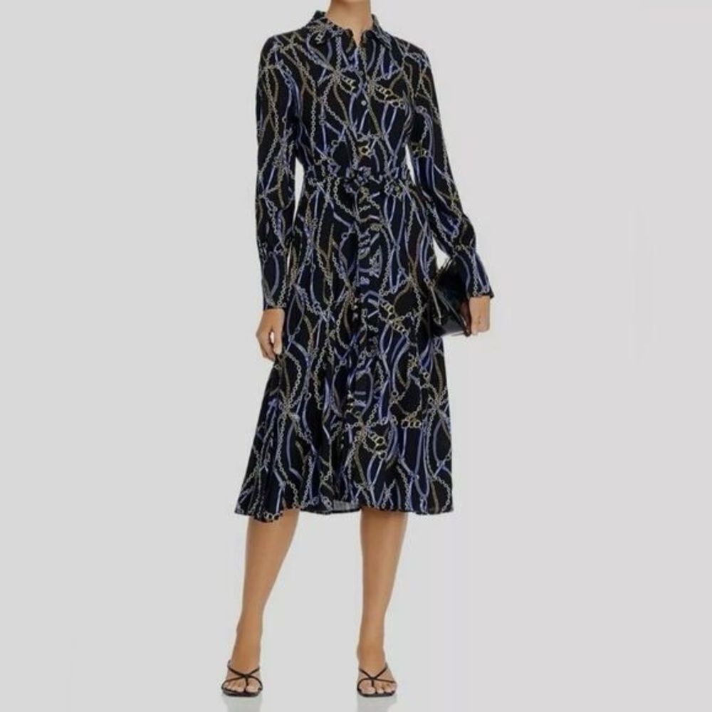 Aqua Chain Print‎ Tie Waist Shirt Dress XS Black Gold Midi